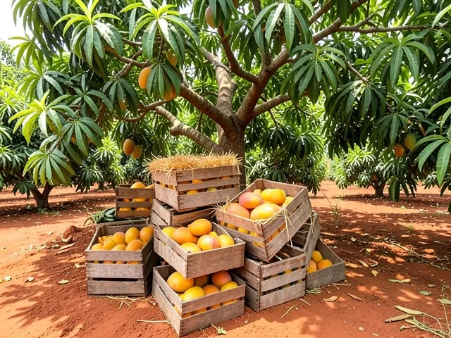 Mango crates stacked under a mango tree in the orchard