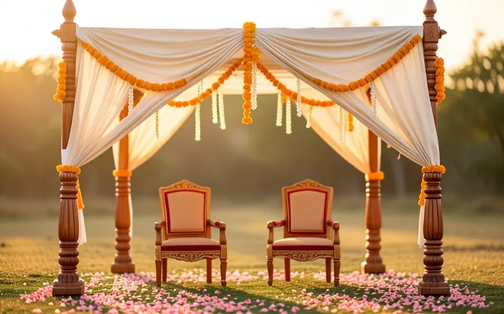 Ceremony canopy on four carved posts with ivory drapes, marigold and jasmine strings and two seats beneath