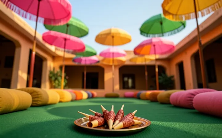 Courtyard set for a henna night: colourful hanging parasols, low floor cushions and bolsters, a tray of henna cones
