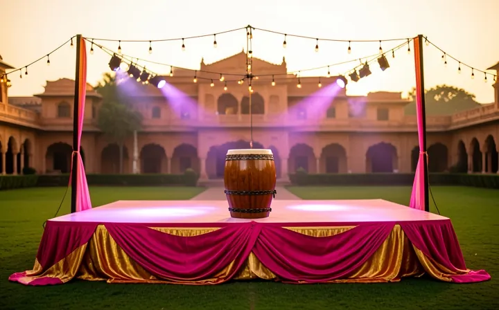 Music night stage on a palace lawn under strings of lights, with spotlights and a barrel drum