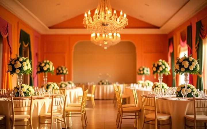 Reception hall with a crystal chandelier above round dinner tables and tall flower centrepieces