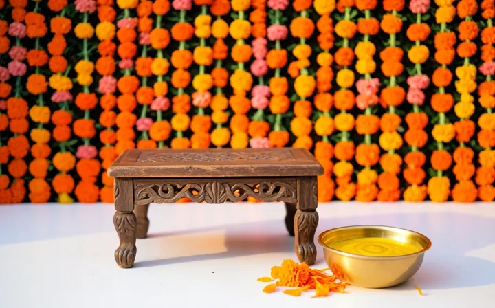 Turmeric morning setup: a wall of marigold strings, a carved wooden stool and a brass bowl of turmeric paste