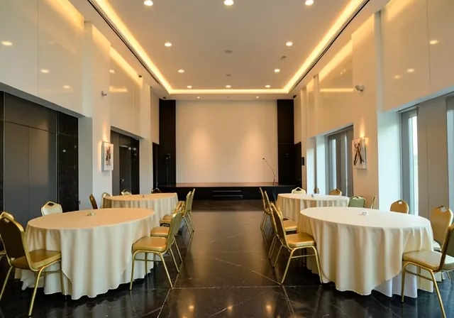 Banquet hall with round tables and a small stage