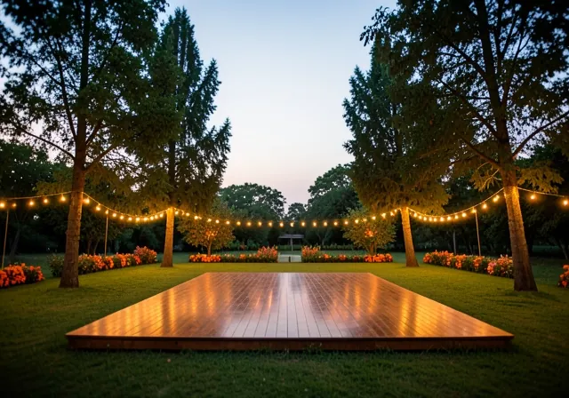 Garden lawn at dusk with string lights and a wooden dance floor