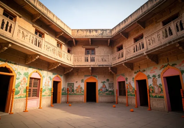 Courtyard of a heritage mansion with carved balconies and painted walls