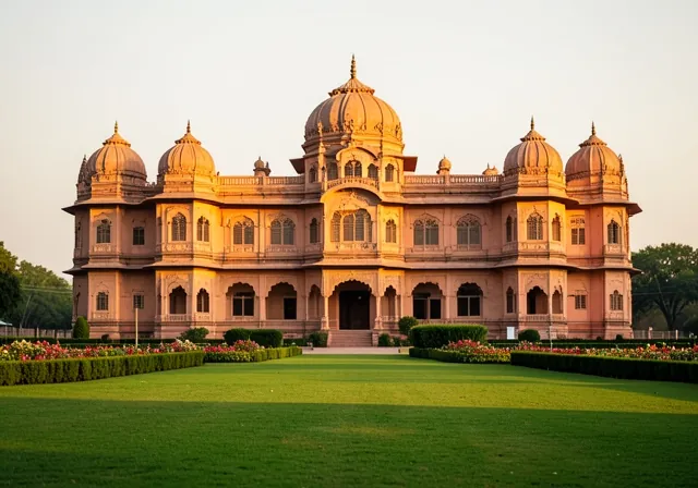 Palace hotel with domes beyond a wide green lawn