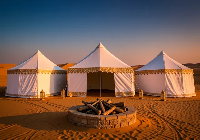 Desert camp tents at dusk with a bonfire pit