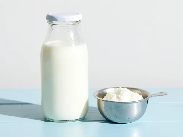 A one-litre glass bottle of milk beside a bowl of curd