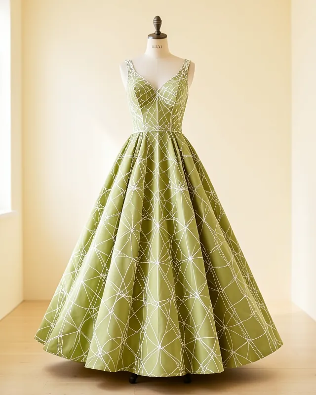 Pistachio green flared muslin gown with white lattice embroidery on a dress form