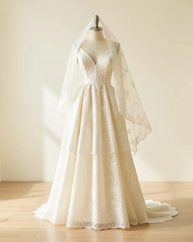 Ivory georgette bridal skirt set with a lattice border on a dress form