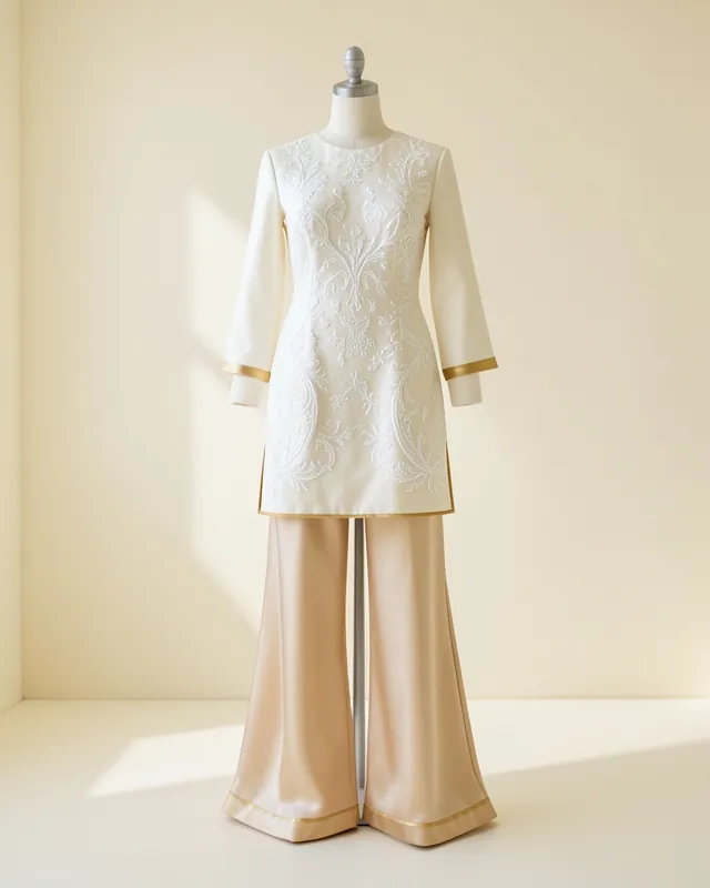 Embroidered ivory tunic over flared champagne silk trousers on a dress form
