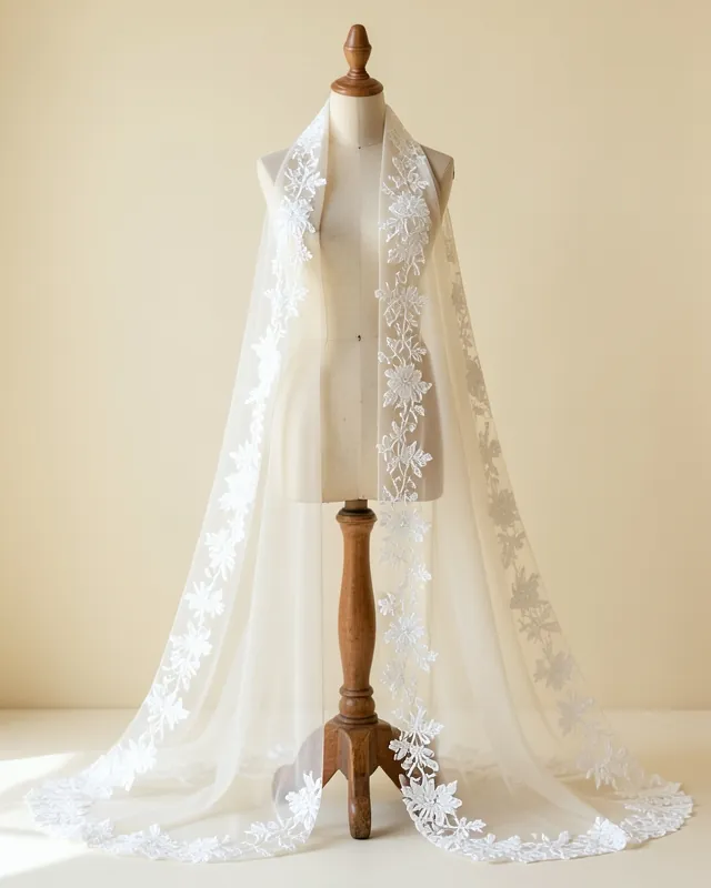 Sheer ivory veil with a hand-embroidered floral border