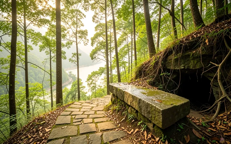 A stone forest path down towards the river, beside a small cave