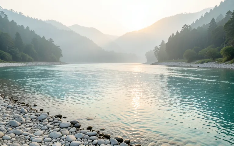 The Ganga at dawn from the stones on the riverbank, forested hills in the mist