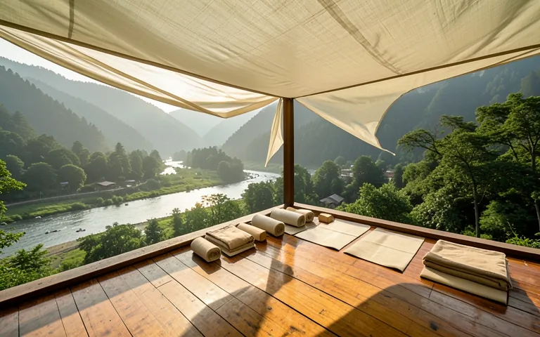 An open rooftop shala with mats laid out, looking over the river at sunrise