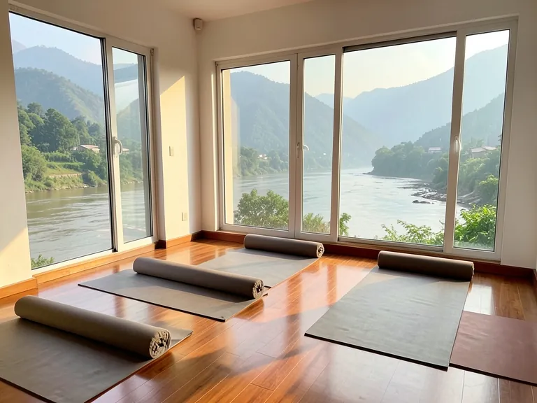 Inside the studio: wooden floor, mats in rows and tall windows looking across the river to the hills