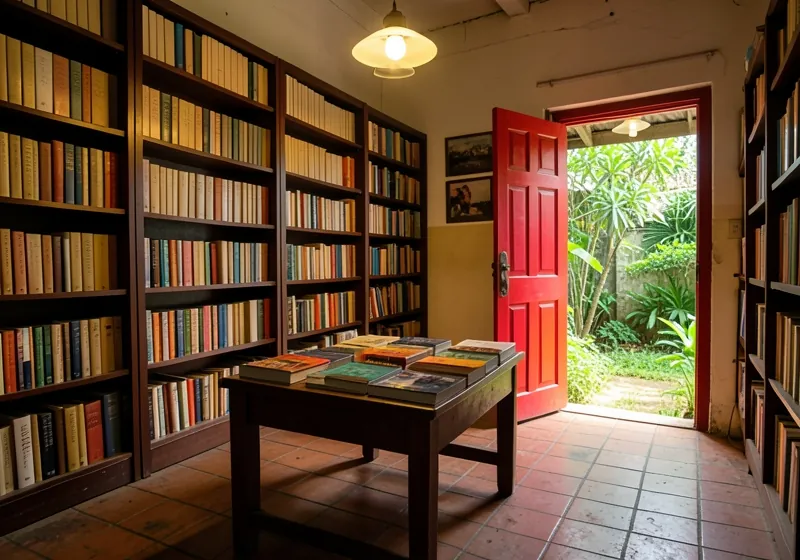 The front room of the shop: tall wooden shelves, a table of new books and a red door open to the garden