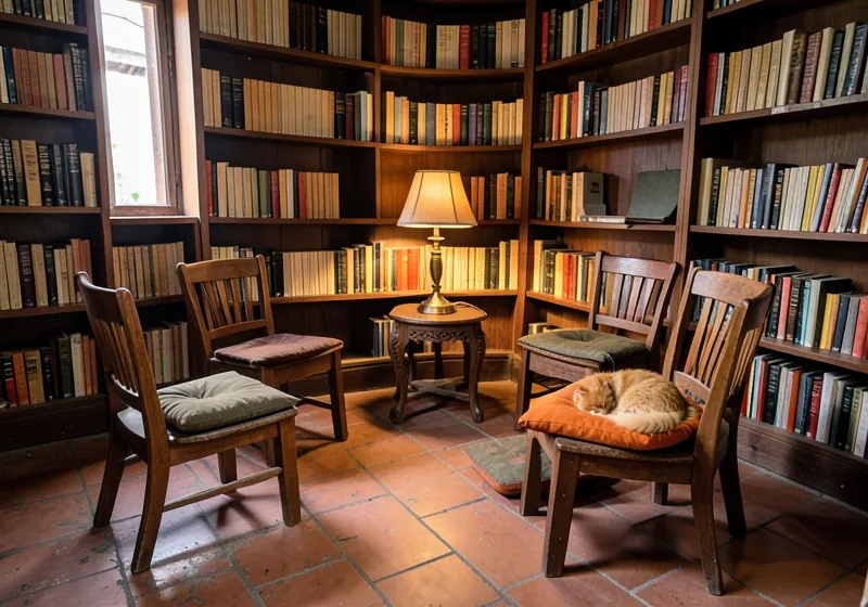 The reading-circle corner: mismatched wooden chairs, floor cushions, a warm lamp and a sleeping ginger cat