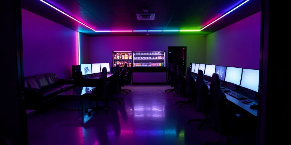 The gaming floor: rows of PC stations, a couch lounge and a snack counter under neon