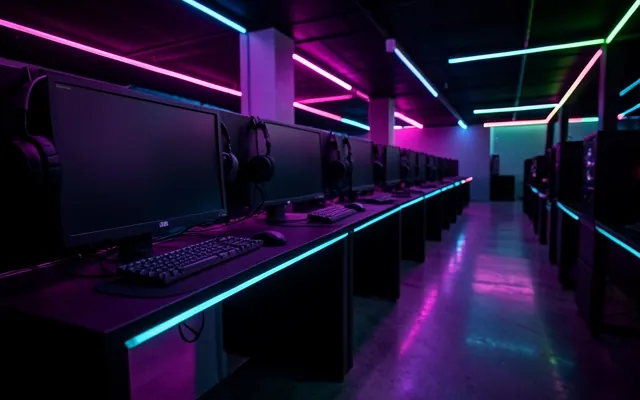 A row of gaming PC desks with monitors and headsets under cyan neon