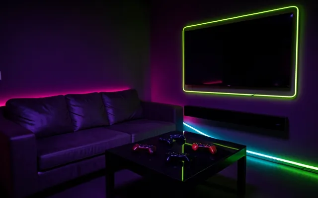 A sofa facing a big wall-mounted TV with four controllers on the table