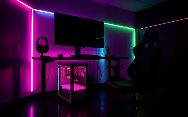 A premium gaming station with a large monitor and a pink-lit glass PC tower
