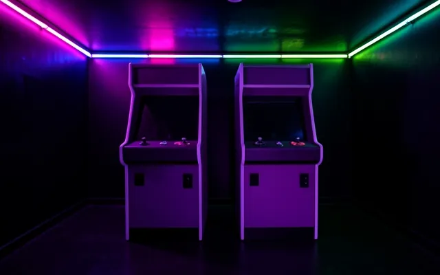 Two upright arcade cabinets under violet neon