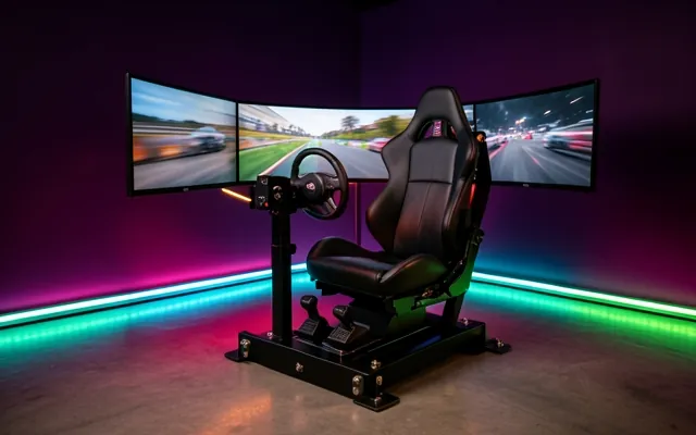 A racing simulator seat with a wheel, pedals and three curved screens