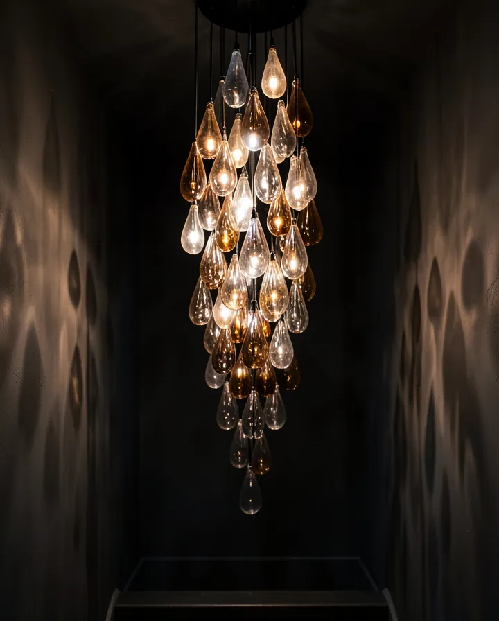 Cascade of hand-blown teardrop glass pendants in smoke, amber and clear, glowing in a stairwell