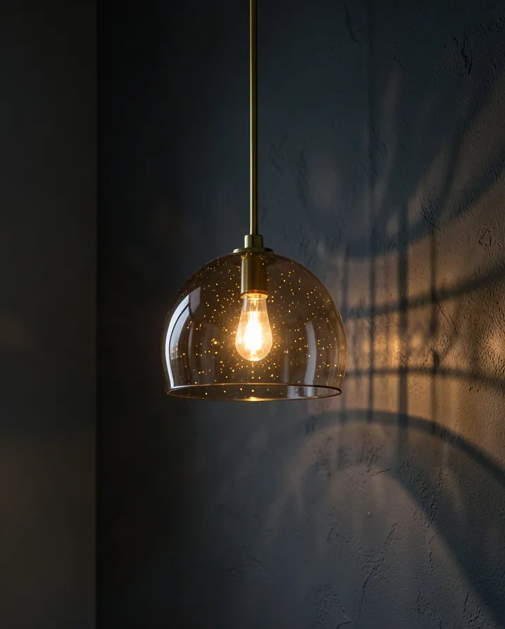 Faceted smoky-amber glass pendant lamp glowing and scattering light on a dark wall