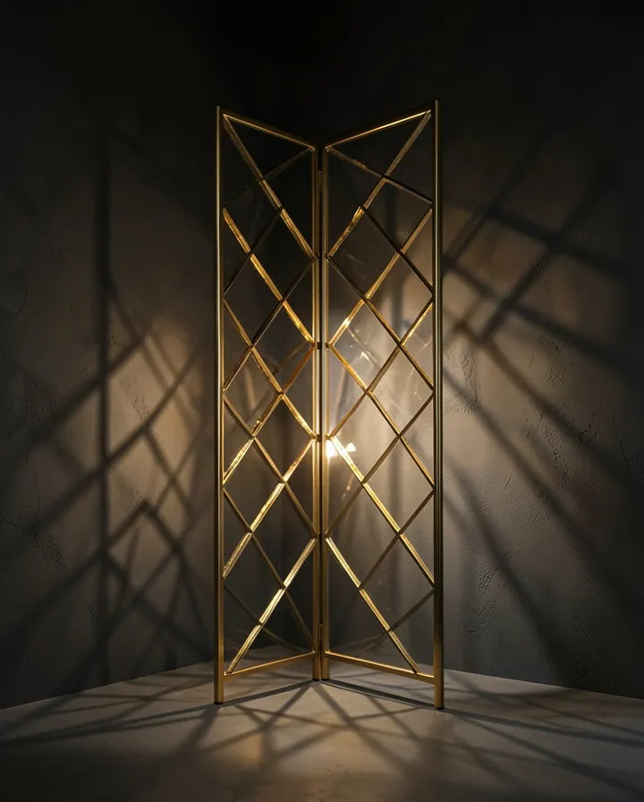 Lattice room-divider screen of cut glass panels in a thin brass frame, lit from behind
