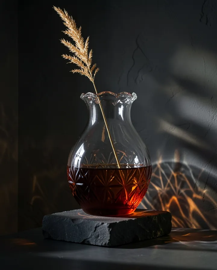 Heavy clear glass vase with a cut lip and amber pooled at the base, holding one dry stem