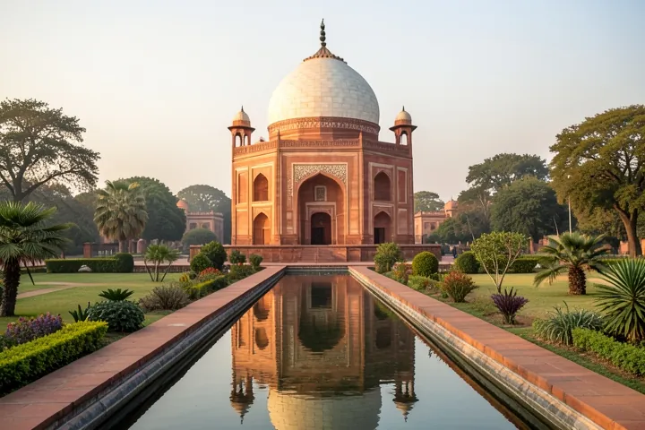Humayun's Tomb in Delhi in soft morning light, behind a long garden water channel