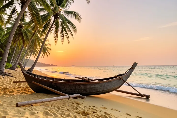 A quiet Goa beach at golden hour with leaning palms and a wooden fishing boat