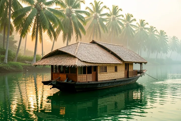A Kerala houseboat with a woven roof on calm green backwaters