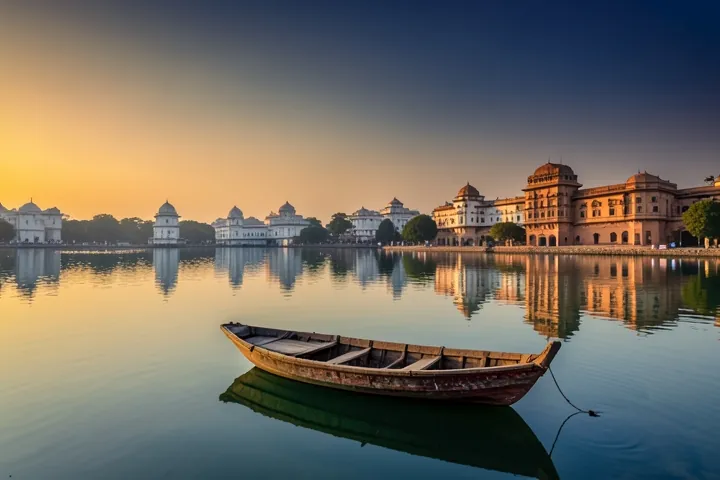 Lake Pichola at sunset with white palaces along the shore and a wooden boat