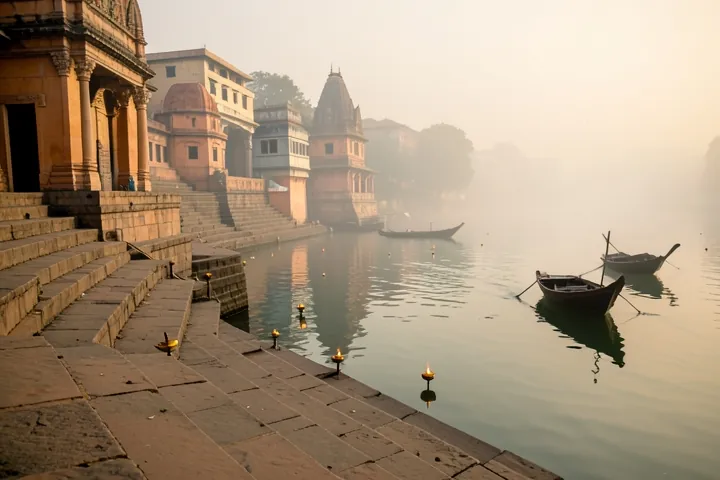 Stone ghats on the Ganga in Varanasi at dawn, with boats and floating lamps