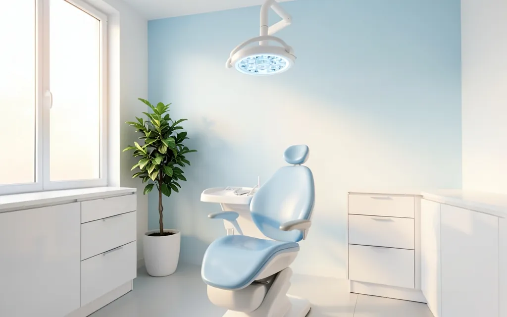 An empty treatment room with a pale blue dental chair beside a large window
