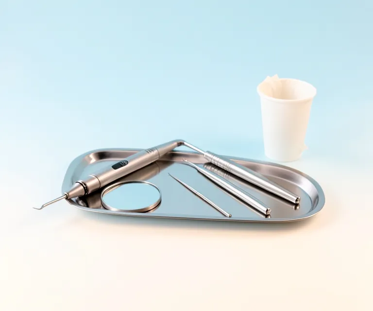 Dental tray with a scaler, mirror and probe