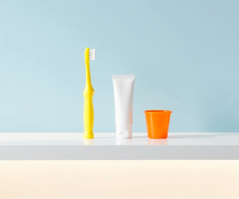 A child’s toothbrush, toothpaste and a small cup