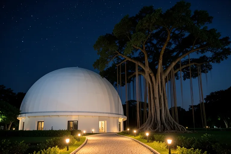 The white planetarium dome beside a large banyan tree at dusk