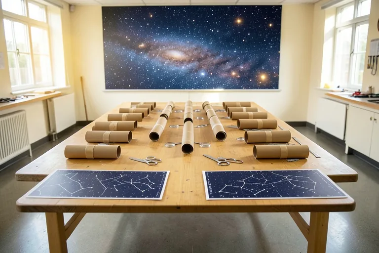 Cardboard telescope kits laid out on a workshop table