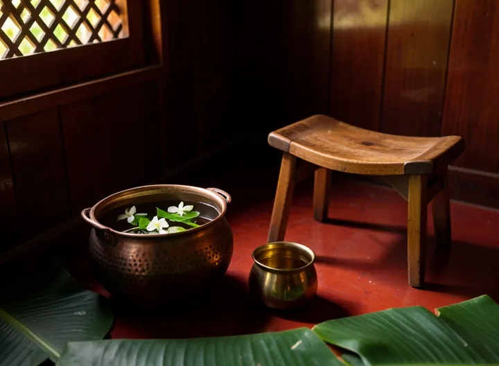 A copper water vessel and brass pot with floating jasmine on a red-oxide floor
