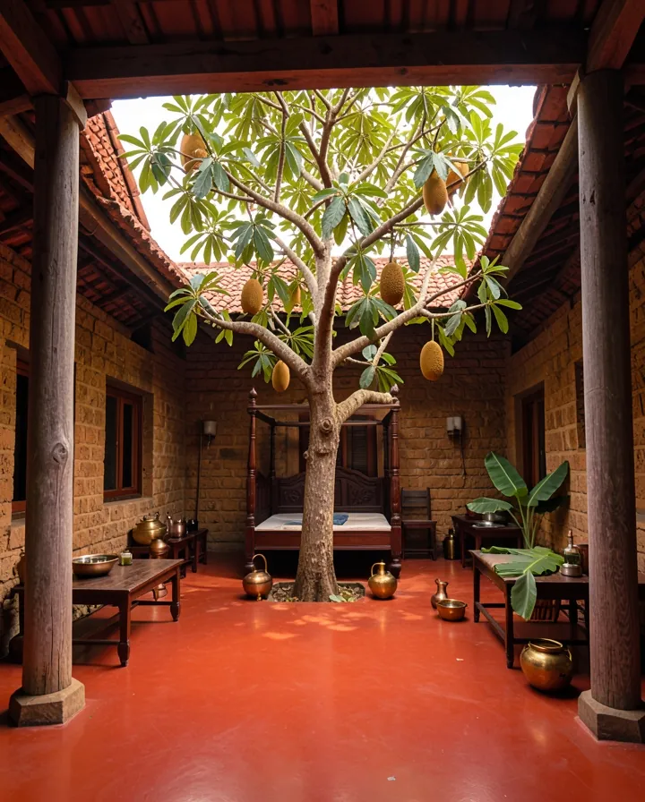 The courtyard of an old Kerala house, with a red-oxide verandah, tiled roof and a jackfruit tree