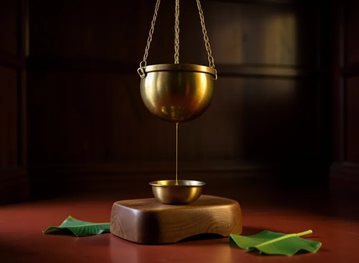 A brass vessel on chains pouring a thin thread of oil above a wooden headrest