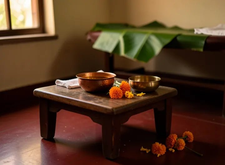 A low wooden foot stool with a small bowl of warm oil, a towel and marigolds