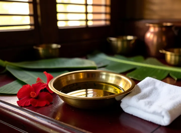 A wide brass bowl of warm golden oil on a wooden massage table, with a folded towel and hibiscus