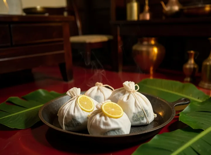 Muslin herbal pouches tied with string, warming in an iron pan