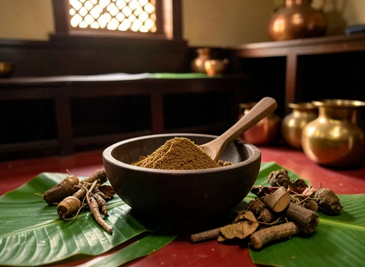A wooden bowl of brown herbal powder with dried roots and leaves on a banana leaf