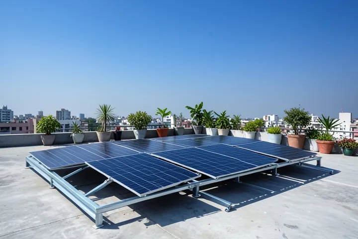 Ten solar panels in two rows on the terrace of a three-storey house